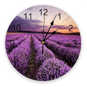 Horloges murales lavande coucher de soleil violet champ de fleurs horloge créative pour la décoration de bureau à domicile salon chambre enfants montre suspendue