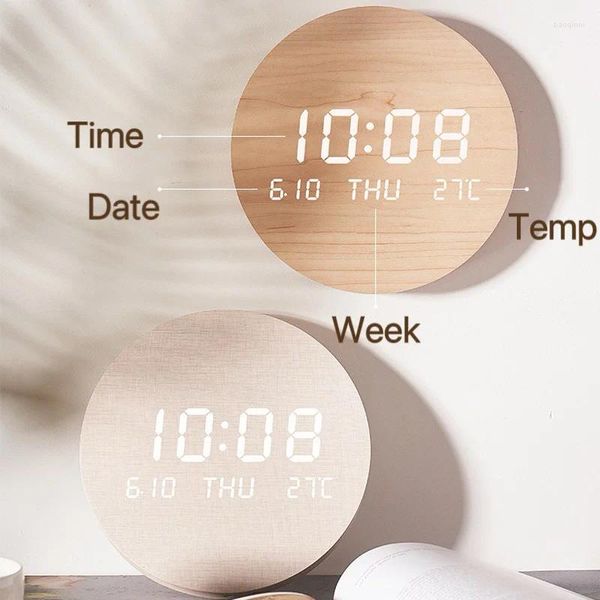 Relojes de pared LED Digital Sólido Madera Colgante Dormitorio Mudo Despertador Escritorio Fecha Hora Visualización