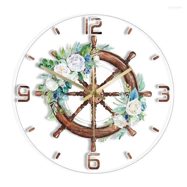 Relojes de pared Luz LED Reloj transparente Acuarela Barco Volante Ramo Color Arte Náutico Decorativo 3D