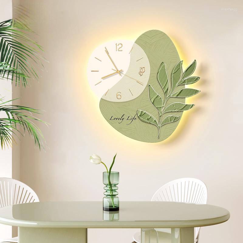 Wall Clocks Led Lights Decorative Painting Clock Living Room Decoration Mute Glowing Green Leaf Modern Design