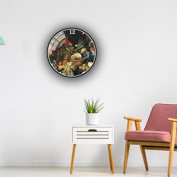 Relojes de pared vida con ostras de frutas y pintura al óleo de loros reloj acrílico Morden Horloge Murale para decoración de sala de estar