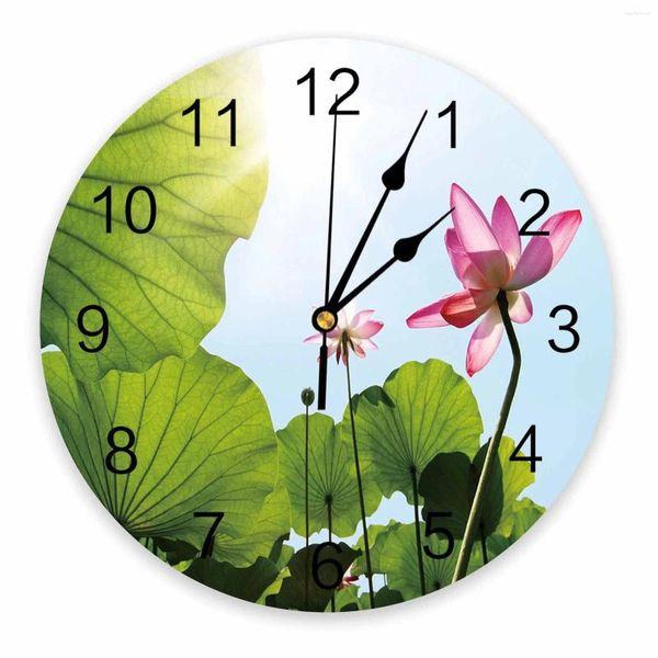 Horloges murales Feuille de Lotus Fleur Horloge ronde décorative Chiffres arabes Design Non Ticking Grand pour chambres à coucher Salle de bains