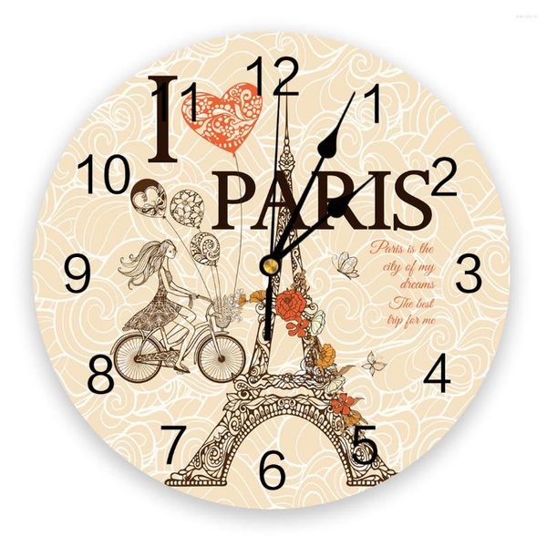 Relojes de pared amor chica ciclista Torre Eiffel París decoración del hogar cocina moderna habitación adolescente dormitorio decoración reloj
