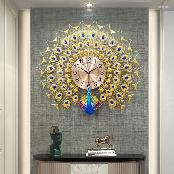 Relojes de pared de lujo, reloj de pavo real, sala de estar silenciosa, decoración de fondo grande creativa, arte, decoración del hogar
