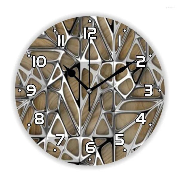 Relojes de pared de lujo gris plateado 3D Metal en madera patrón reloj para sala de estar cocina reloj geométrico realista accesorios de arte