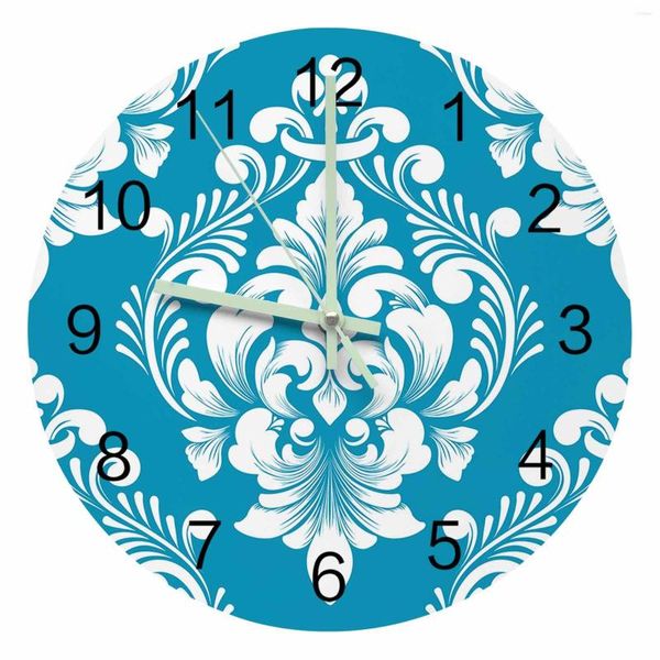 Horloges murales luxe vintage damass motif ciel bleu lumineux pointeur horloge à la maison ornements ronds de salon silencieux décor