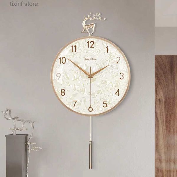 Horloges murales Horloge murale de luxe numérique maison salon Design d'intérieur nordique cuivre cerf décorations électronique pendule montres murales décor T240309