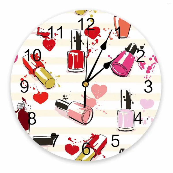 Relojes de pared Maquillaje Cosmético Polaco Femenino Dibujos animados Decorativo Reloj redondo Diseño personalizado Sin tictac Dormitorios silenciosos Grandes