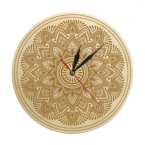 Relojes de pared Mandala Flor Patrón Buen humor Reloj de madera Meditación Arte rústico Bohemio Espiritual Hippie Boho Moderno