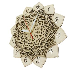 Horloges murales Mandala en bois horloge murale pour yoga studio art mural floral naturel rustique de calendrier de décoration intérieure en couches