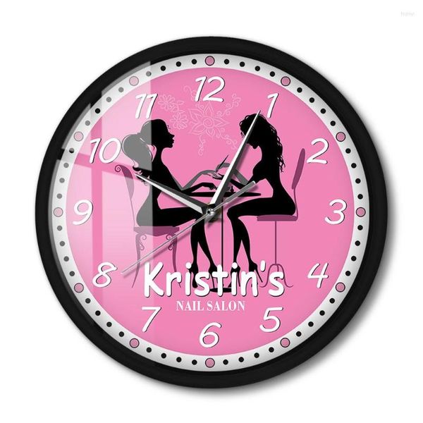 Relojes de pared, salón de manicura, marco de Metal, reloj redondo, reloj silencioso para Spa de uñas, reloj personalizado para estudio, decoración artística de negocios