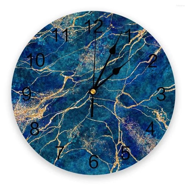 Horloges murales Marbre Bleu Jaune Texture Horloge Design moderne Salon Décoration Cuisine Muet Montre Décor intérieur