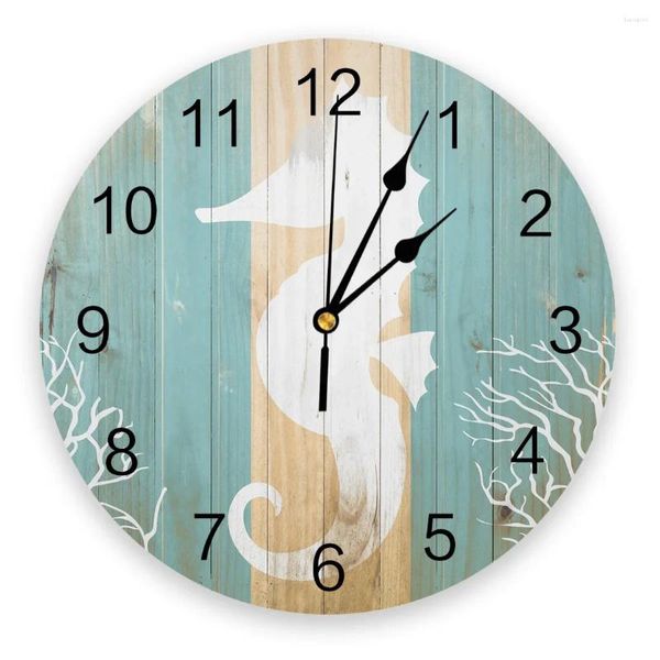 Horloges murales Modèle de vie marine en bois Cheval de mer Silhouette Horloge Mode Salon Montre Moderne Décoration de la maison ronde