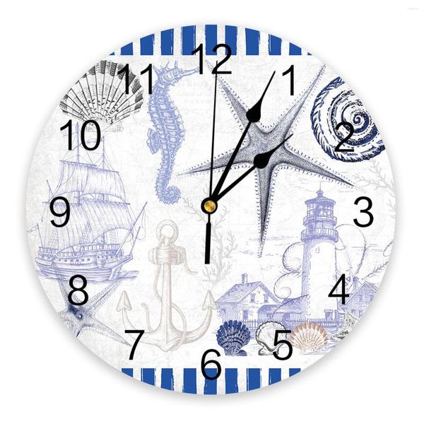 Horloges murales Marine Texture rayures phare ancre rétro impression horloge Art silencieux rond montre pour la maison Decortaion cadeau