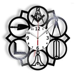 Horloges murales Masonic Free Mason Logo Made From Record Clock Montres Décoratif Suspendu Silencieux Design Moderne Home Room Decor