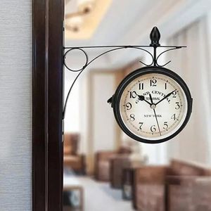 Horloges murales Horloge en métal Style rétro Double face Vintage avec support en fer pour chambre à coucher décor à piles