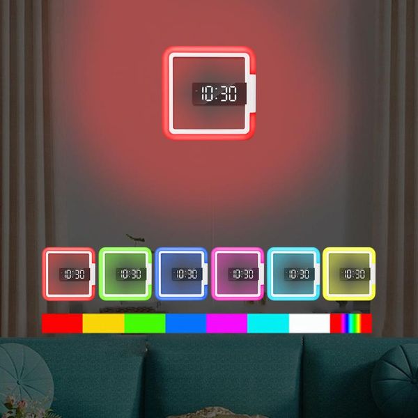 Relojes de pared Alarma de espejo Digital Multifuncional Home Office Square 7 Cambio de color Lámpara de noche Reloj de luz LED Control remoto ahuecado Wall Clo