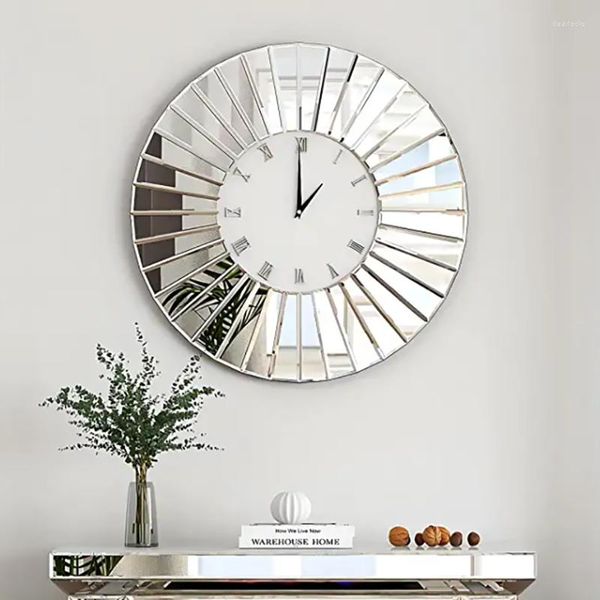 Relojes de pared con decoración de espejo, reloj decorativo grande brillante, marco de cristal plateado moderno redondo para decoración de sala de estar y hogar