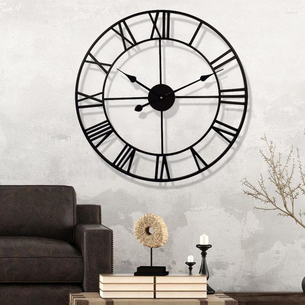 Relojes de pared moderno 3D reloj grande sala de estar europeo simple retro silencioso colgante decoración metal hierro números romanos redondo