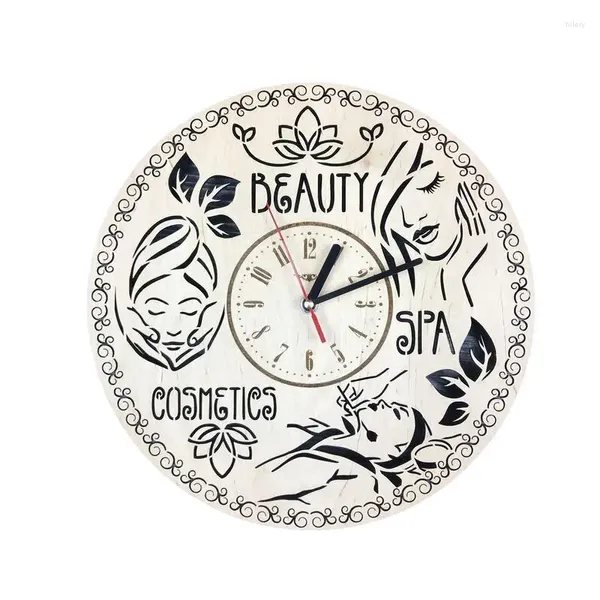 Relojes de pared Moderno Reloj de madera Patrón de salón de belleza silenciosa Arte Non-Ticking para sala de estar