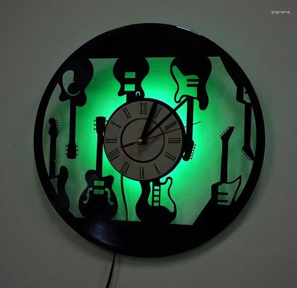 Relojes de pared Diseño moderno de guitarra Electronic Guitar Record Clock Led Decoración de música de luz nocturna Pequeños