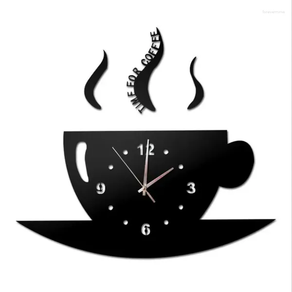 Relojes de pared Diseño moderno Reloj de espejo Taza de café Hogar silencioso Autoadhesivo Etiqueta de cuarzo Cocina