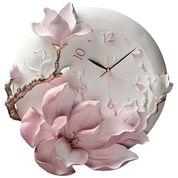 Horloges murales Moderne Minimaliste De Luxe En Relief Européenne Maison Pivoine Horloge Ornement Salon Silencieux Mural Artisanat DecorationArt