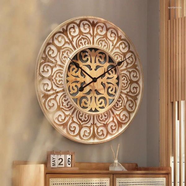 Horloges murales Style marocain créatif ménage en bois massif décoratif rétro sculpté suspendu silencieux Art chambre horloge ronde