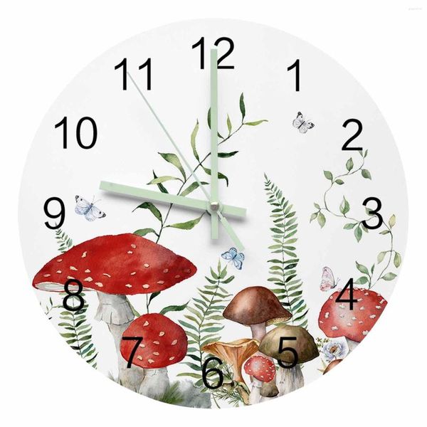 Horloges murales champignon plante verte papillon pointeur lumineux horloge maison ornements rond silencieux salon bureau décor
