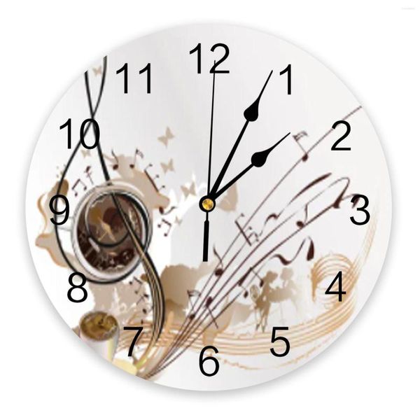 Horloges murales Notes de musique feuille brune PVC horloge numérique Design moderne salon décor grande montre muet suspendu