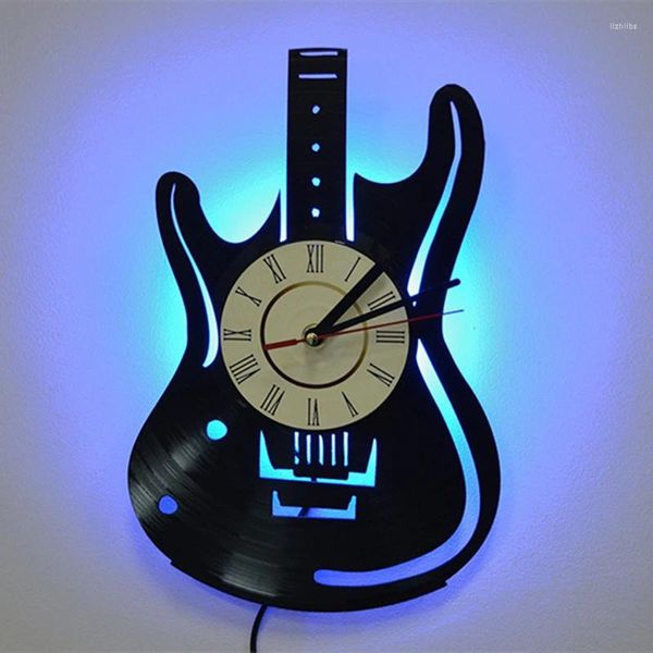 Horloges murales Musical Guitar Record Clock Creative Rétro 16 Couleurs LED Maison Salon Chambre Décoration