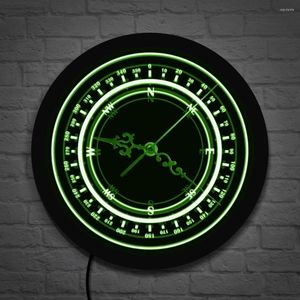 Horloges murales Boussole nautique LED Neon Sign Clock Navy Round Vintage Wind Rose Lumineuse Montre Navigation Design