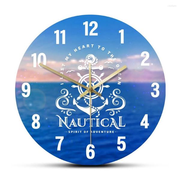 Relojes de pared Emblema náutico con ancla y volante Reloj acrílico impreso a la moda Espíritu de aventura Reloj de diseño moderno