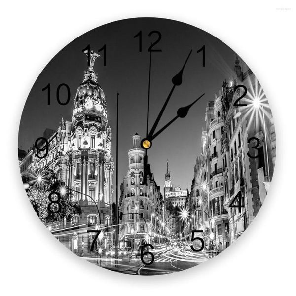 Relojes de pared Night City Black White Living Room Clock Round Home Dormitorio Cocina Decoración Silencioso