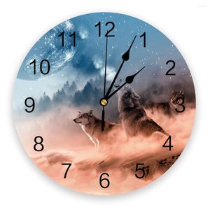 Horloges murales ciel nocturne loups animaux horloge hurlante pour la décoration de la maison salon aiguille à quartz montre suspendue cuisine moderne