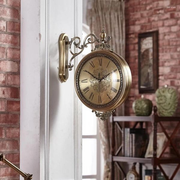 Relojes de pared Reloj nórdico 3D grande de madera maciza de metal de doble cara decoración del hogar artículos de decoración habitación regalo SYGM