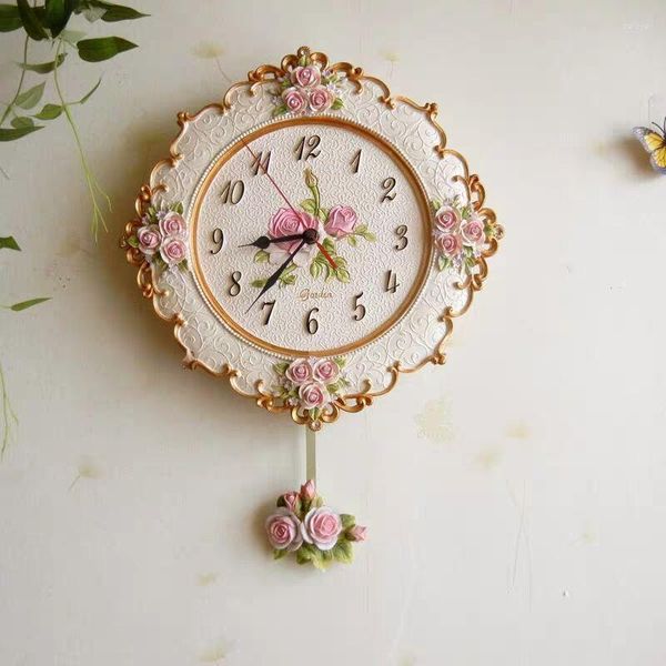 Horloges murales Horloge nordique moderne grande fleur rose salon de luxe chambre balançoire pendule montres décor à la maison Horloge cadeau