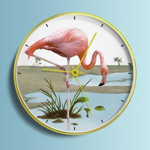 Horloges murales Nordic Flamingo Tricolor Clock Salon Cuisine Ménage Mode Rond Silencieux Simple Art Montre Décor À La Maison 12 pouces