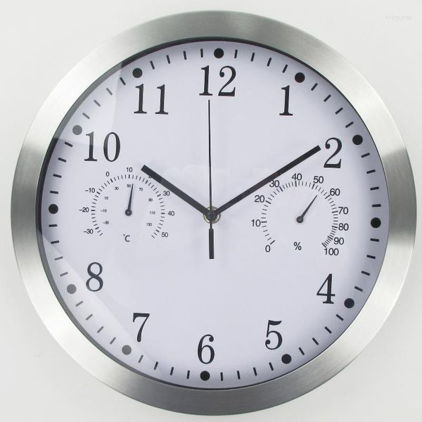 Relojes de pared Reloj de cocina nórdico Reloj de metal silencioso Decoración moderna para el hogar Sala de estar con medidor de humedad de temperatura Regalo