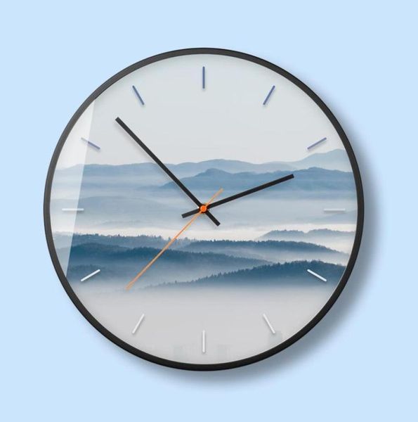 Horloges murales Nordic Metal Horloge silencieuse Mist Forest Peinture décorative Petite chambre fraîche Chambre salon Home Decor 50A0481128655