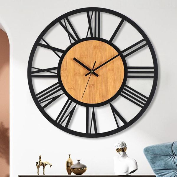 Relojes de pared nórdicos números romanos Metal Retro hueco hierro arte redondo negro oro grande exterior jardín reloj decoración del hogar 40CM