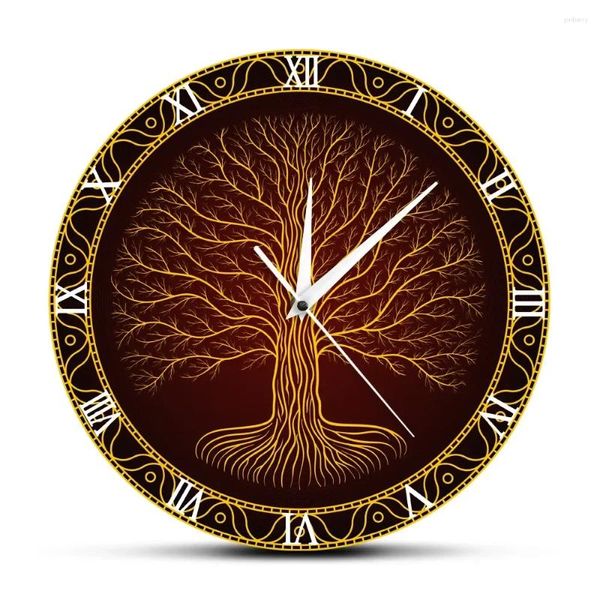 Horloges murales Symbole sacré nordique Druidique Yggdrasil Arbre imprimé Horloge de la vie Viking Mystique Amulette Art Décor Montre muette