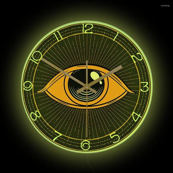 Horloges murales Symbole occulte Oeil maçonnique oeuvre horloge lumineuse abstrait tout voir Manson occultisme décor à la maison montre LED lumineuse
