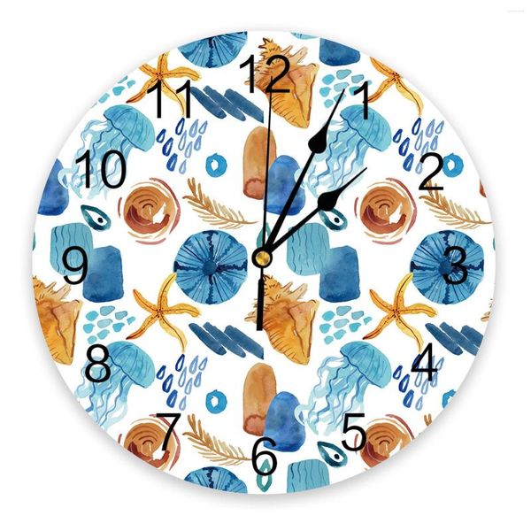 Horloges murales océan méduse étoile de mer feuilles tropicales grande horloge salle à manger Restaurant café décor rond silencieux décoration de la maison