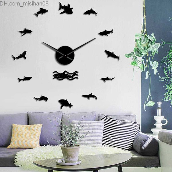 Relojes de pared Ocean Shark Design Tamaño moderno Ajustable DIY Reloj de pared Mar Animales marinos Cuarzo Acrílico Efecto de espejo Etiqueta Reloj Reloj X0726 Z230705