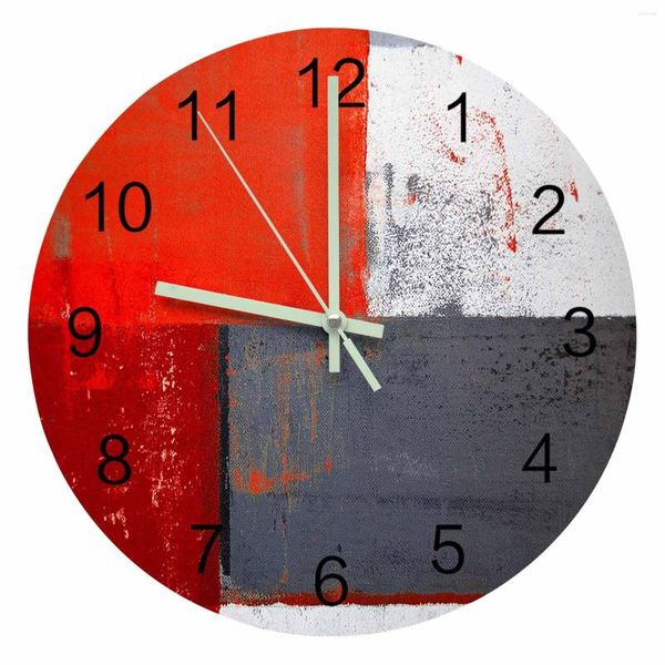 Relojes de pared estilo pintura al óleo abstracto geométrico rojo puntero luminoso reloj adornos para el hogar redondo silencioso decoración para sala de estar