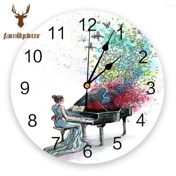 Relojes de pared estilo pintura al óleo Piano mujer música PVC reloj diseño moderno decoración del hogar dormitorio reloj silencioso para sala de estar