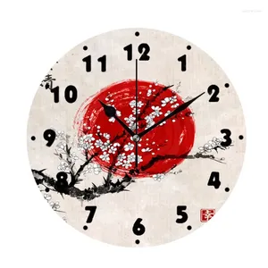 Horloges murales Oriental Japonais Cherry Blossom Encre Peinture Horloge Pour Salon Décor À La Maison Art Traditionnel Floral Grande Montre Silencieuse