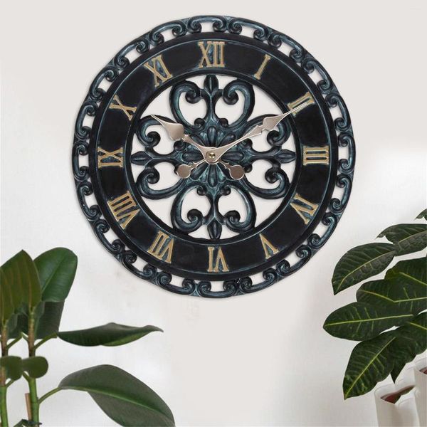 Horloges murales Horloge de jardin extérieure étanche Vintage Euro Moyen Âge Creux Chiffre romain Suspendu Résine 13,58 pouces
