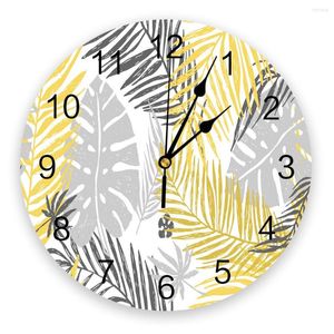 Relojes de pared hojas de palma amarillo gris estampado reloj arte silencioso sin tictac reloj redondo para decoración del hogar regalo